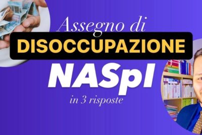 NASpI unemployment banner showing euros and a smiling presenter for argomenti disoccupazione