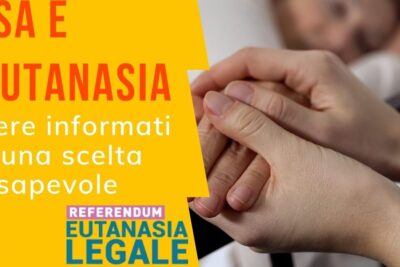 Yellow Italian informational banner about euthanasia beside hands held in a compassionate caregiving gesture, illustrating argomenti leutanasia.