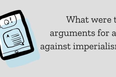 Tablet illustration and bold question prompting viewers to argue imperialism and weigh pros and cons.