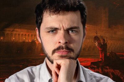 Contemplative man in front of a fiery ancient backdrop pondering an argument for critical thinking.