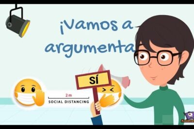 Cartoon student with glasses holding a 'sí' sign beside masked emoji faces and a 2 m social distancing banner promoting argumentar literaria.