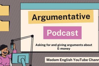 Podcast cover with a host at a microphone and a slide titled Argumentative Podcast highlighting argumentativen text 1