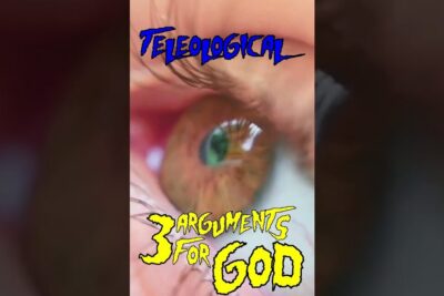 Close-up macro of a human eye with bold 'Teleological' and '3 Arguments for God' text, illustrating argumenter filosofi and the design argument.