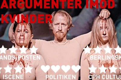 Staged theatrical trio with blood-like makeup, critic star ratings and bold title promoting argumenter imod 4