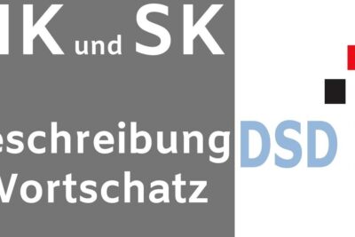 Split graphic showing large white German text Beschreibung Wortschatz on a gray panel and stacked colored squares on a white panel, emphasizing argumenter kontraargumenter