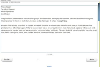 Screenshot of an online assignment showing argumenterende tekst 1, a Norwegian persuasive text in a large editor box with a small video thumbnail visible
