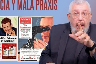 Elderly bearded man with glasses pointing toward vintage cigarette advertisements as part of an argumento solido critique.