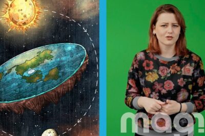 A stylized flat Earth illustration beside a skeptical woman presenter, suggesting argumentos cientificos and debate