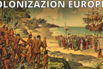European ships and armed colonizers landing on a tropical beach observed by indigenous people, evoking argumentos colonialismo