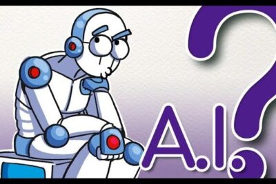 Cartoon robot thinking beside A.I. text and a question mark, representing argumentos ia and AI inquiry.