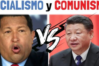 Split image of two political leaders facing off under the headline 'SOCIALISMO y COMUNISMO' with a central VS symbol highlighting argumentos socialismo.