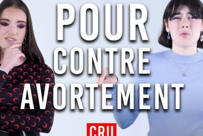 Graphic of two people with bold French text 'POUR CONTRE AVORTEMENT' illustrating arguments lavortement.