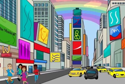 Cartoon city street with colorful billboards, pedestrians and cars depicting arguments science in a lively urban setting.