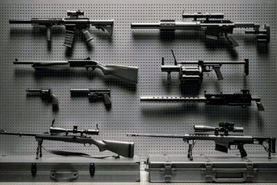 Various rifles, shotguns, and handguns mounted on a pegboard wall as an armas fuego display.