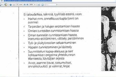 Scanned Finnish bulleted list about arvot ja and emotional, social challenges