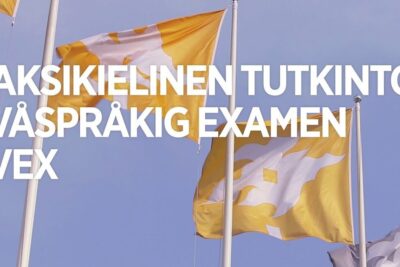 Yellow flags waving beside a large bilingual exam banner highlighting att tvasprakig.