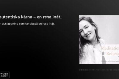 Black gradient layout with a smiling woman portrait and Swedish meditation text inviting autentiska kanslor.