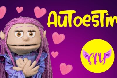 Puppet with purple braided hair and hands on chest surrounded by hearts promoting autoestima ninos 1.