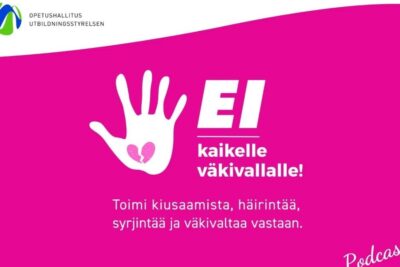 Magenta anti-violence poster showing a white hand with a broken heart and Finnish text, promoting auttaa lasta 1 and action against bullying and harassment.