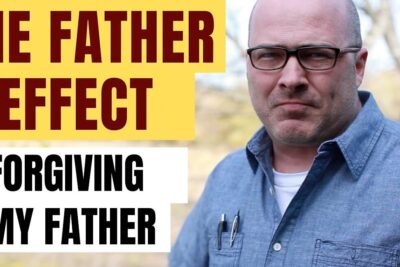 Middle-aged man in glasses and a blue shirt beside bold text about the father effect and forgiving my father, includes auttaa meita 9