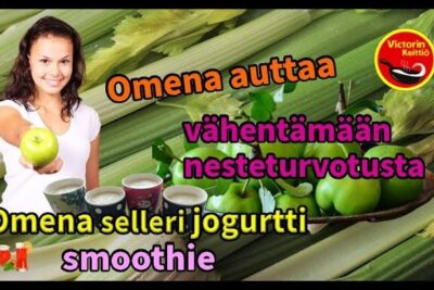 Smiling woman holding a green apple beside celery stalks and yogurt smoothie cups with Finnish overlay text promoting auttaa vahentämään 2.