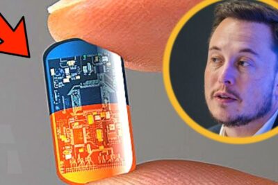 Tiny transparent implantable chip with visible circuitry held between fingertips highlighting avancees technologiques.