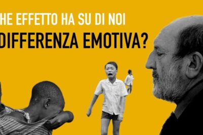 Collage of crying children and an elderly man in profile illustrating azioni umane and emotional indifference