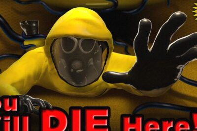 Yellow-hooded figure in hazmat suit reaching toward viewer amid dark cables in a backrooms ar scene.