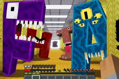 Minecraft-style yellow corridor crowded by several colorful toothy monsters in a backrooms virkelig scene.