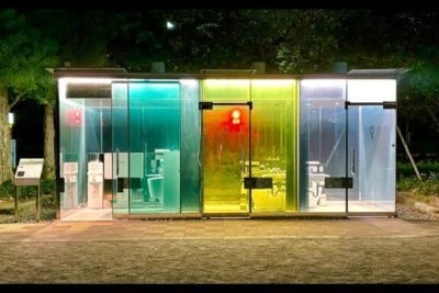 Night-lit row of four transparent restroom pods with teal, yellow and clear glass panels, baseret pa 4.