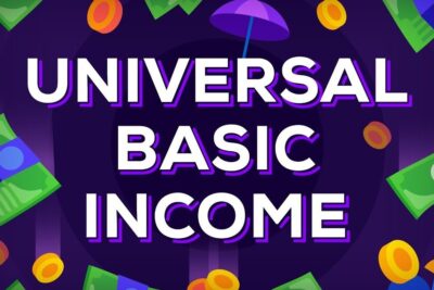 Flat vector poster reading 'UNIVERSAL BASIC INCOME' on a purple background with falling coins and banknotes, themed for basic income 2