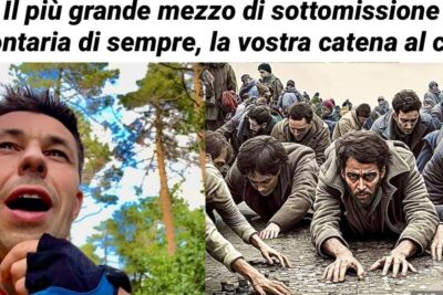 Split image of a man speaking outdoors and a crowd crawling and reaching forward, bassa volontaria 1