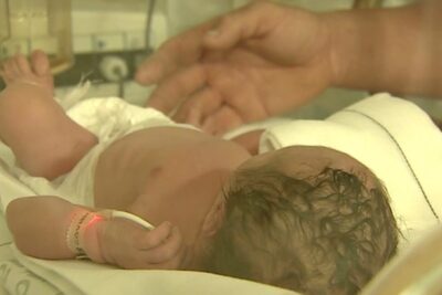 Newborn in hospital incubator with identification wristband bebes carta.