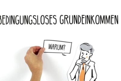 Hand holding a 'Warum?' speech bubble next to a pondering cartoon figure about bedingungsloses grundeinkommen 1