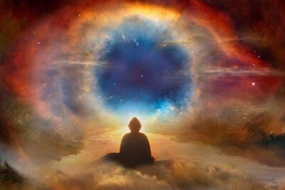 Silhouette of a meditating figure beneath a radiant cosmic eye suggesting beweise existenz.