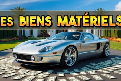 Silver sports car parked in front of a grand mansion with scattered cash, symbolizing biens materiels.