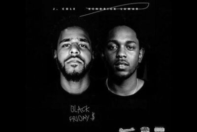 Monochrome close-up of two faces side by side with handwritten 'Black Friday $' text and black friday 22 promotional tone.