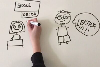 Whiteboard drawing of a worried student at 08:00 and a teacher shouting 'LEKTIER' illustrating homework pressure blandt unge.