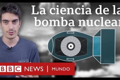 Presenter beside an illustrated cross-section of a nuclear warhead labeled bomba atomica 4 in a news-style thumbnail