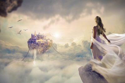 A woman in a flowing gown stands on a cliff looking toward a floating castle above the clouds, a contemplative image for bornemishandling for og imod en debat om et alvorligt problem.