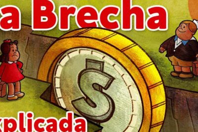 Cartoon shows two workers separated by a chasm bridged by a large coin with a dollar sign, illustrating brecha salarial 1.