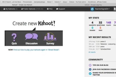 Kahoot create new page screenshot showing Quiz, Discussion and Survey choices and a sidebar with user stats, bruge kahoot