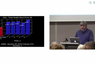Conference speaker next to a slide showing a QOL bar chart with improved scores after HSCT and the label brugen stamceller 1