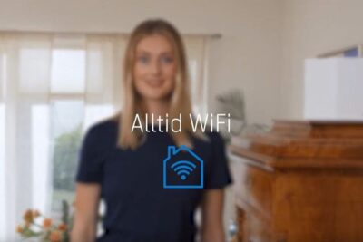 Blurred person in a living room with 'Alltid WiFi' overlay, home WiFi icon and a router suggesting bruk internett across the house.