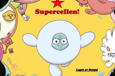 Cartoon white rounded cell character smiling at center with whimsical microbes on a yellow background, bruk stamceller 1