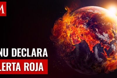A globe engulfed in flames with a prominent red 'ONU declara alerta roja' banner, illustrating calentamiento global 2.