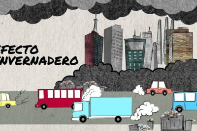 Stylized city skyline under dark clouds with cars, bus and truck emitting exhaust beside overflowing trash bins, representing cambio climatico 11.