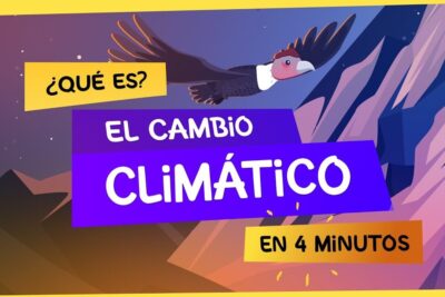 Illustrated thumbnail with a flying vulture above angular mountains and bold banners promoting cambio climatico 12.