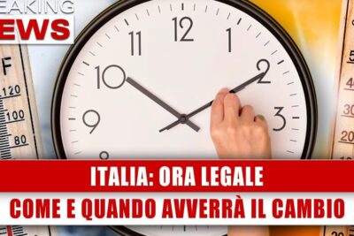 Hand adjusting a large wall clock beside thermometers and a Breaking News banner, cambio orario 1