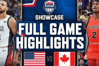 Two basketball players in USA and Canada jerseys with flags and a bold 'Full Game Highlights' title promoting a canada usa matchup.